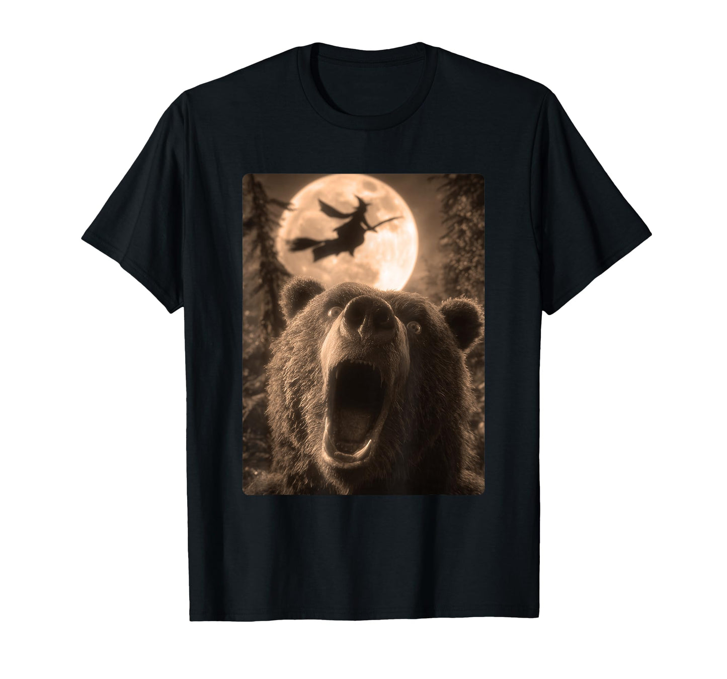 Funny Bear Selfie Full Moon Flying Witch Forest Halloween T-Shirt