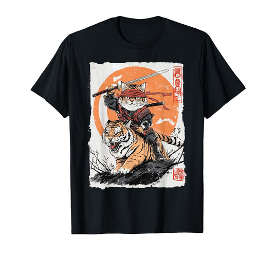 Ninja Cat Riding Tiger - Japanese Samurai Art Vintage Style T-Shirt for Men Women Kids