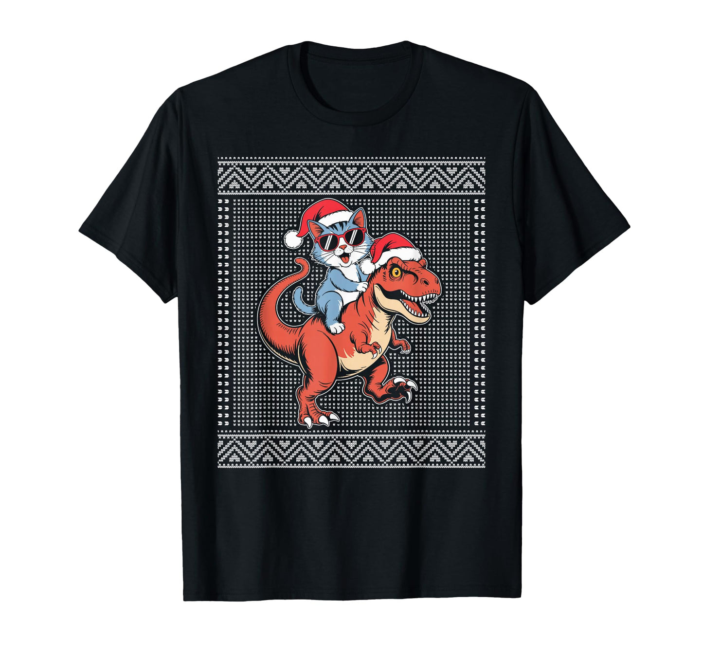 Cat Riding a t rex Ugly Christmas Sweater T-Shirt