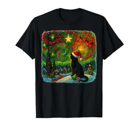 Funny Black Cat Merry Christmas Xmas Van Gogh Pajama Holiday T-Shirt