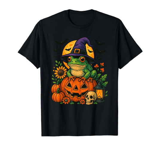 Frog Witch Hat Bats Pumpkin Halloween T-Shirt