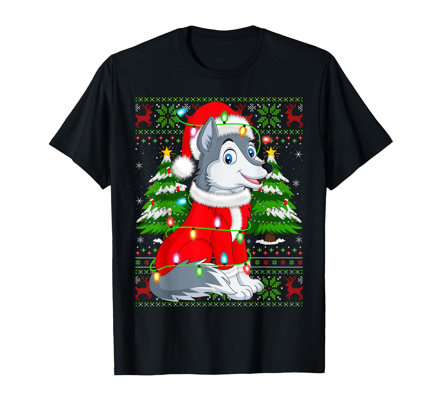 Wolf Christmas Lights Santa Costume Ugly Xmas Sweaters T-Shirt