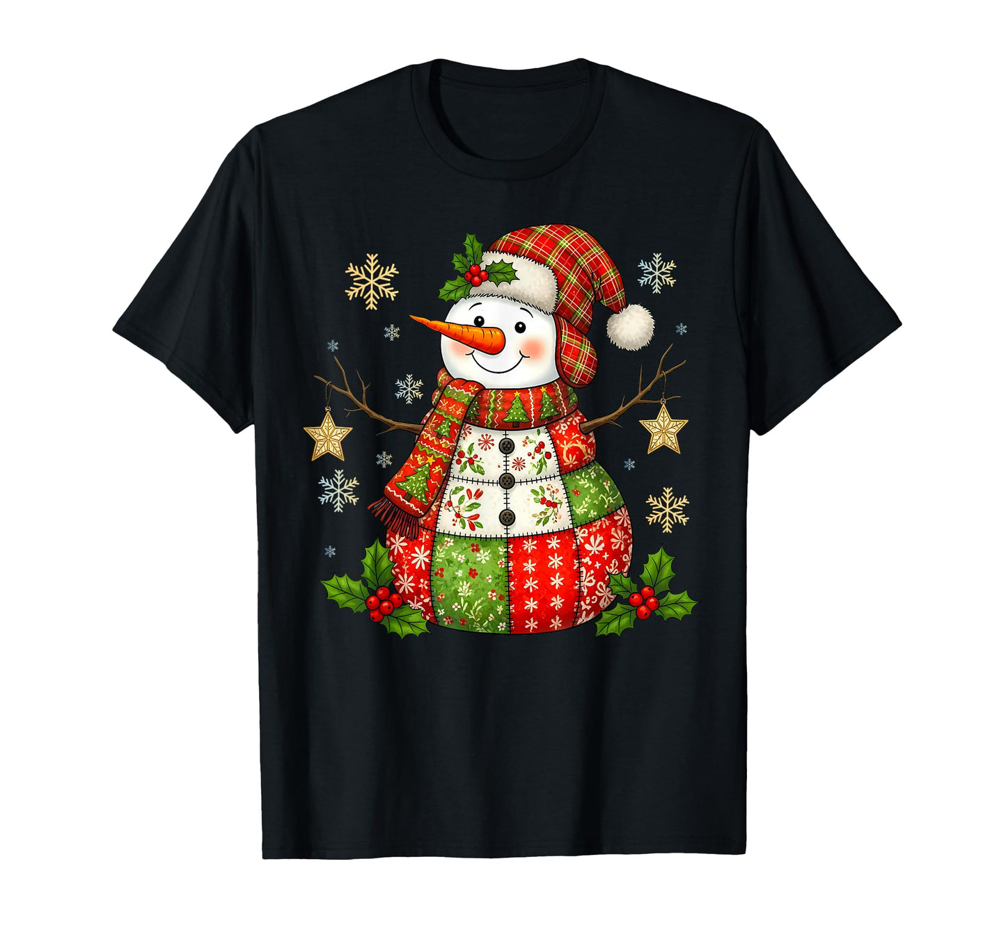 Funny Patchwork Christmas Snowman Tee Cute Women Men Kids T-Shirt
