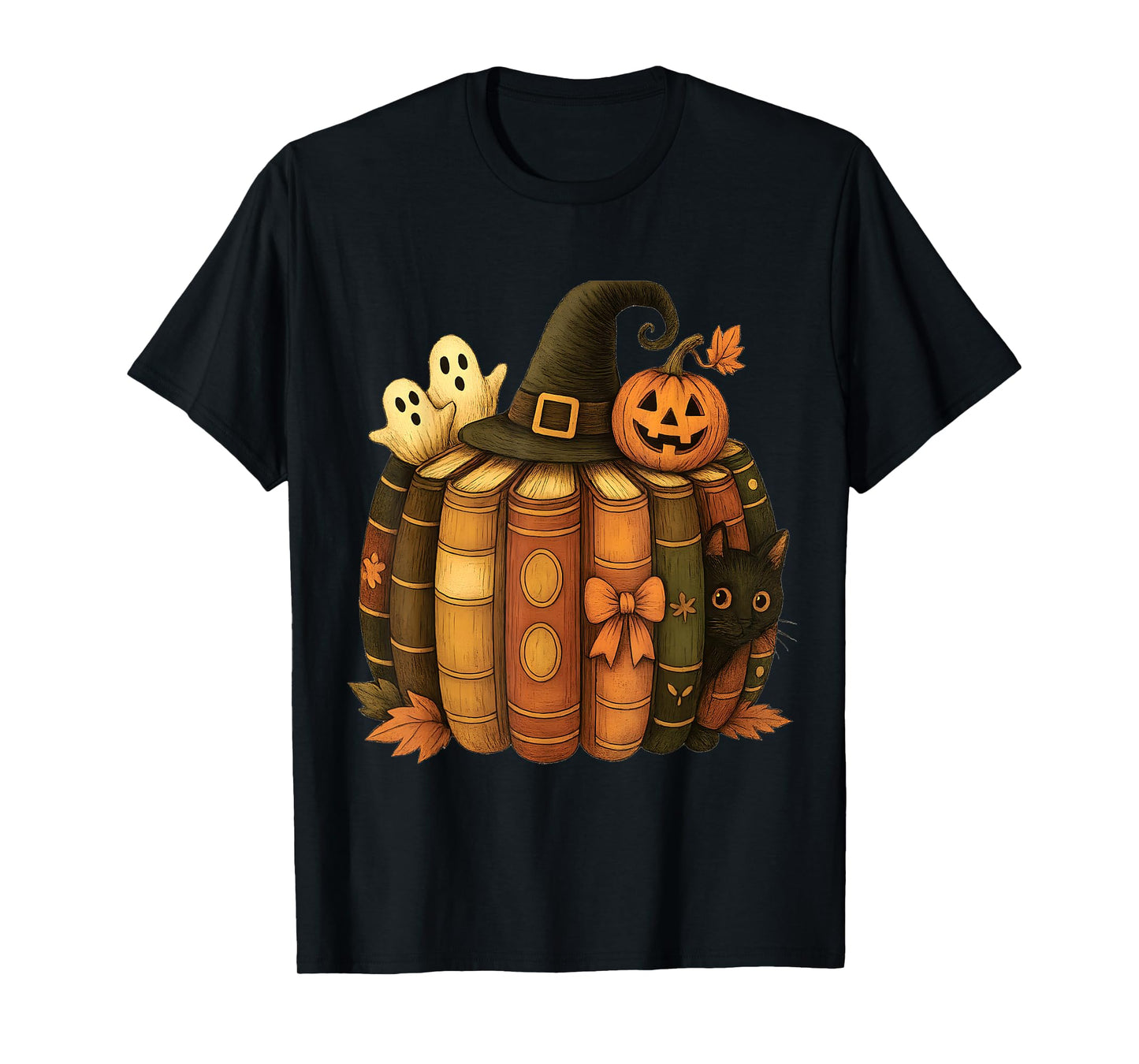 Black cat Witch hat Halloween Fall Book Pumpkin T-Shirt