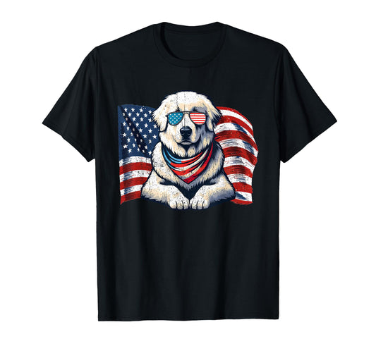 Great Pyrenees Dogs USA Flag Sunglasses Patriotic Vintage T-Shirt