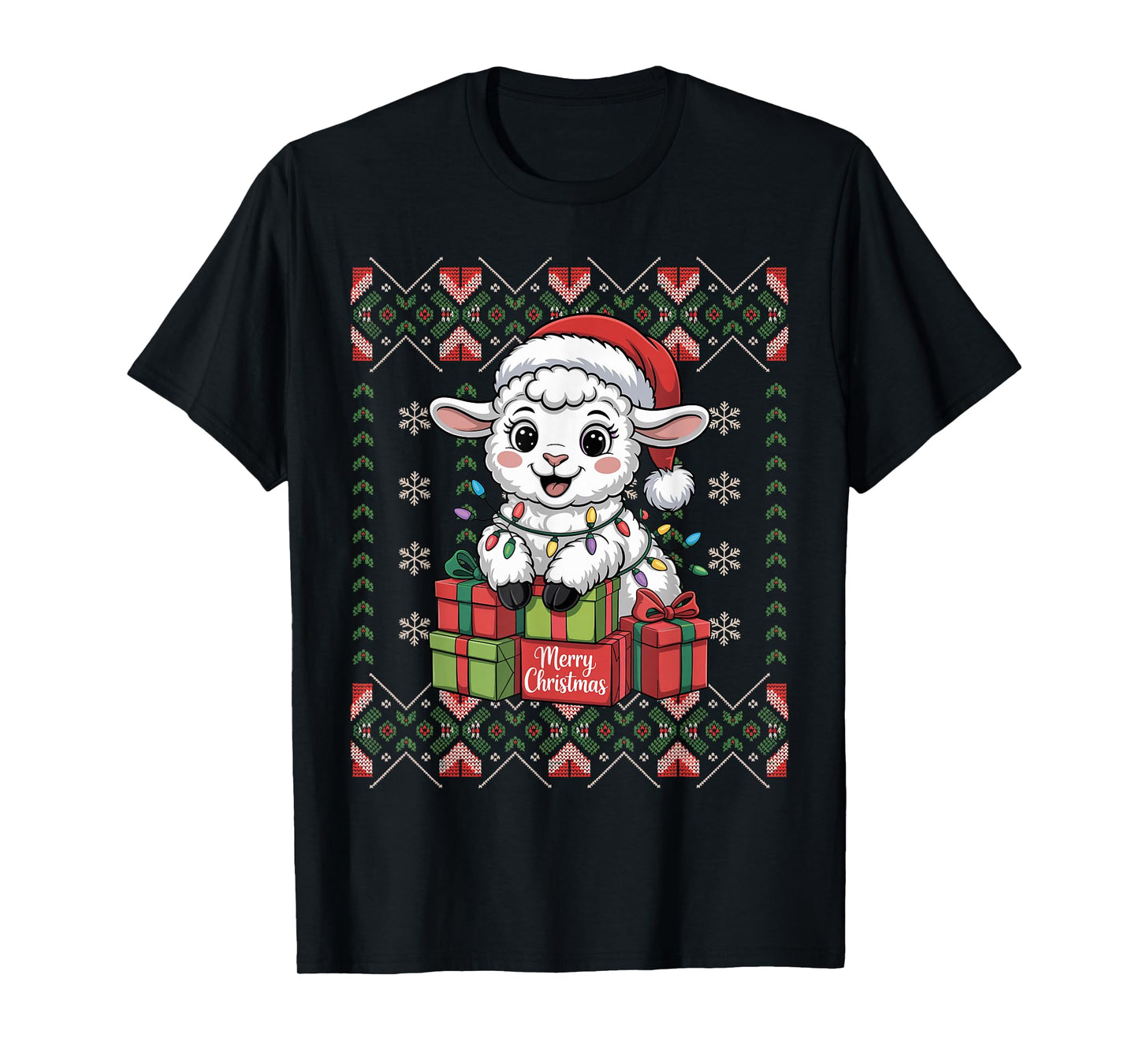 Santa Lamb Christmas Ugly Sweater Funny Holiday Pajamas T-Shirt