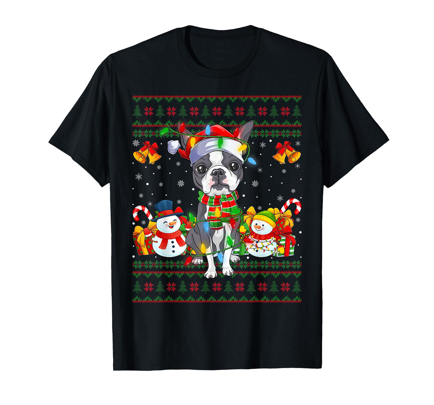 Boston Terrier Dog Ugly Christmas Sweaters Lights Dog Xmas T-Shirt
