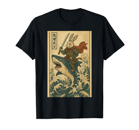 Vintage Japanese Anime Bunny Rabbit Samurai Riding Shark T-Shirt