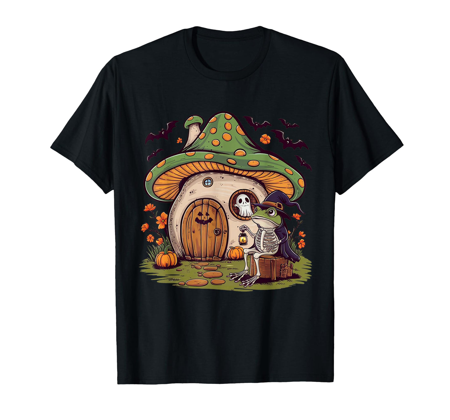 Frog Skeleton Mushroom House Funny Halloween Ghost Pumpkin T-Shirt
