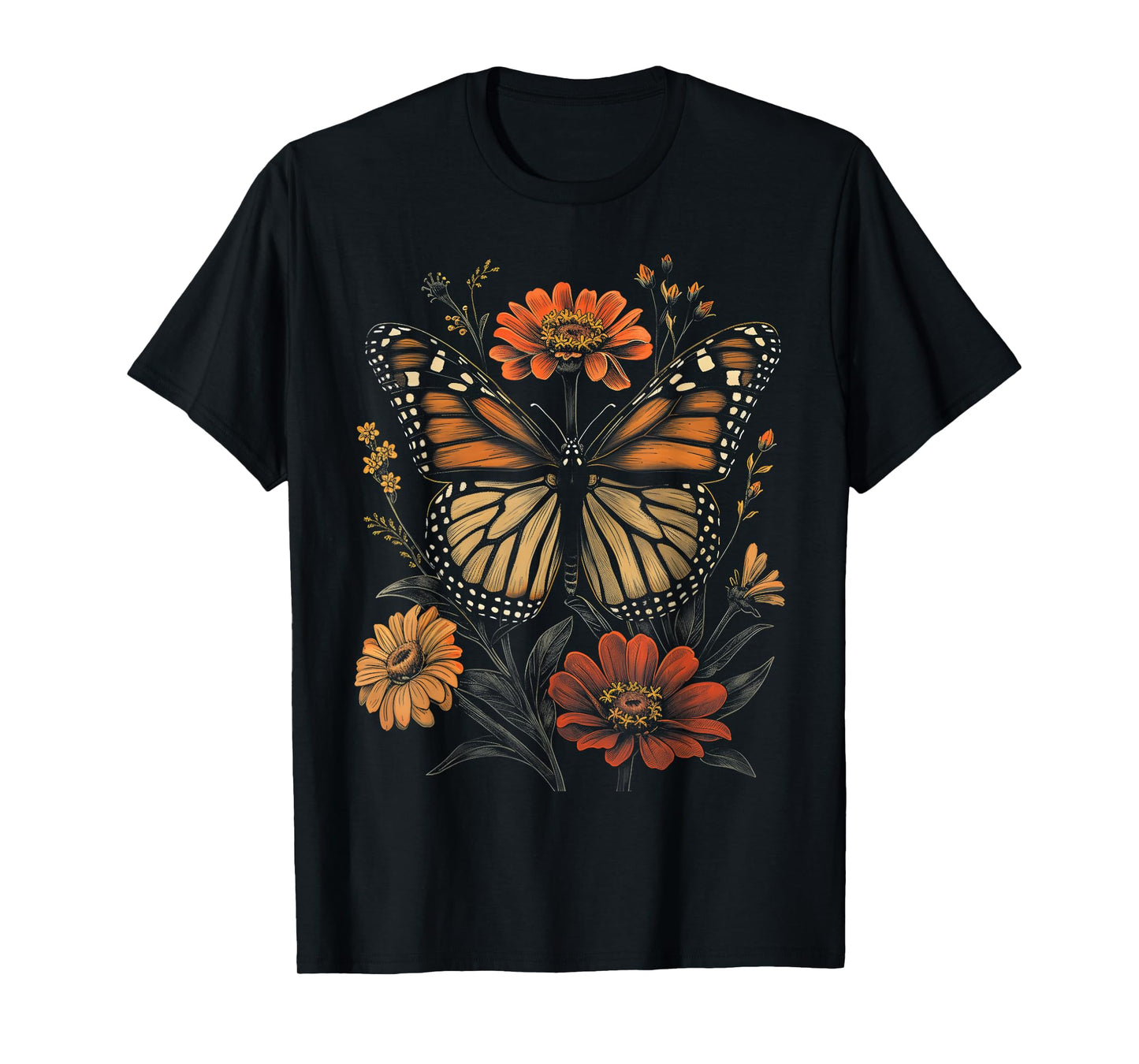 Vintage Monarch Butterfly Zinnias Flower Girl Plant Mom T-Shirt