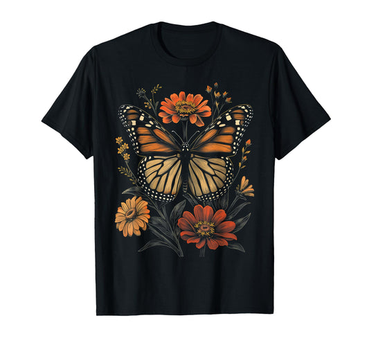 Vintage Monarch Butterfly Zinnias Flower Girl Plant Mom T-Shirt