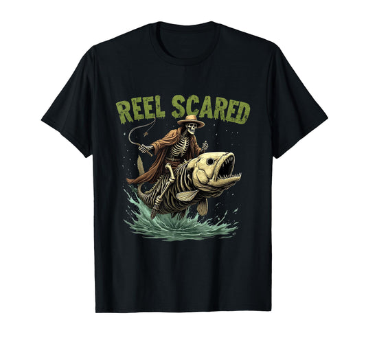 Fisherman Skeleton Funny Retro Reel Scared Halloween Fishing T-Shirt