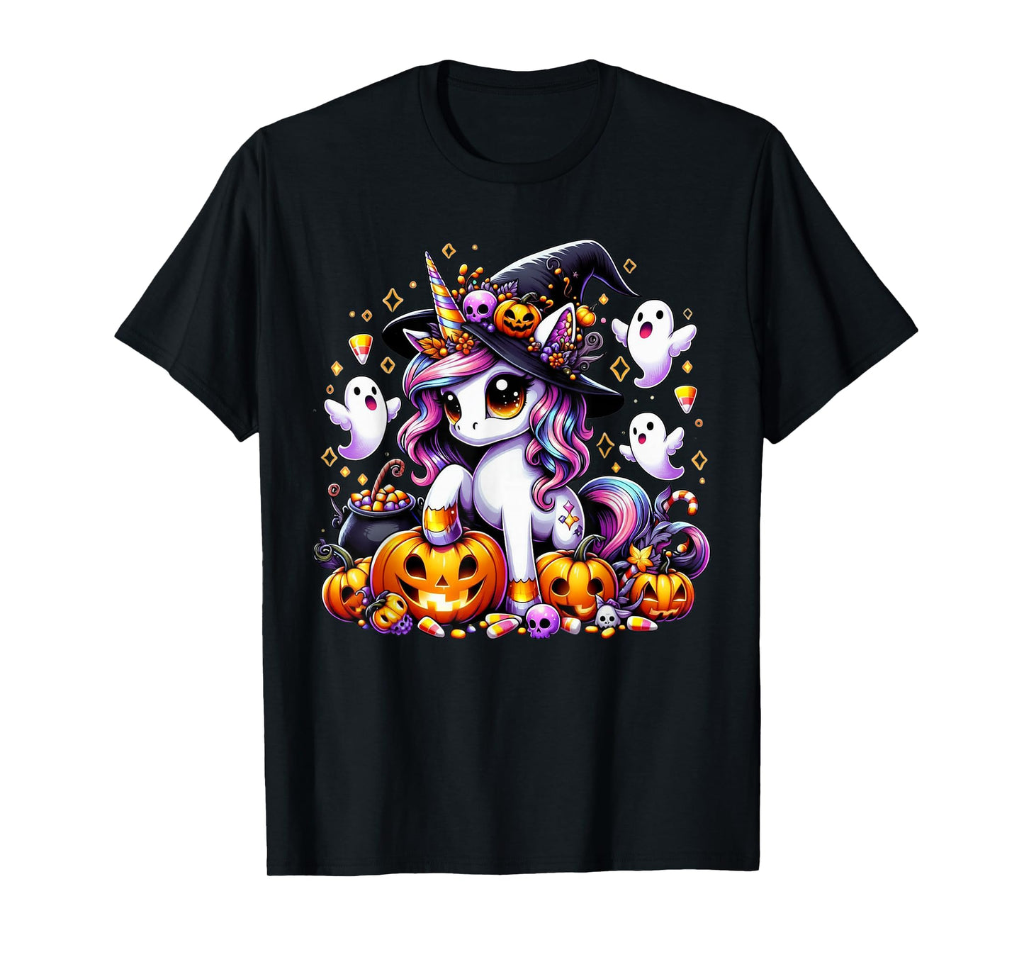 Cute Halloween Unicorn Witch Sitting On Pumpkin T-Shirt