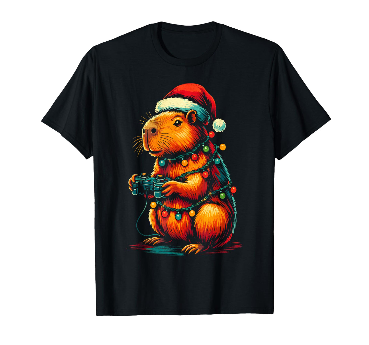 Christmas Capybara Gamer Xmas Light Video Game Lover Men Boy T-Shirt