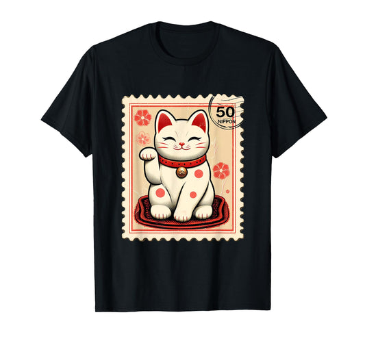 Maneki Neko Japanese Kawaii Lucky Cat Stamp Retro Aesthetic T-Shirt