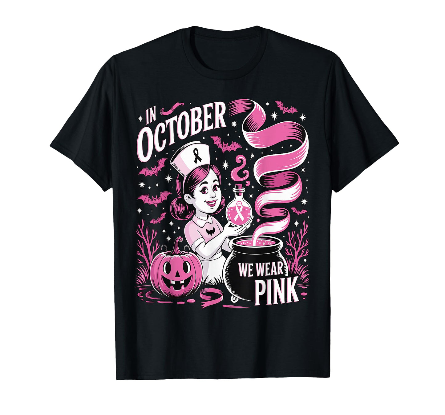 in October We Wear Pink Halloween Witch Nurse for Women T-Shirt