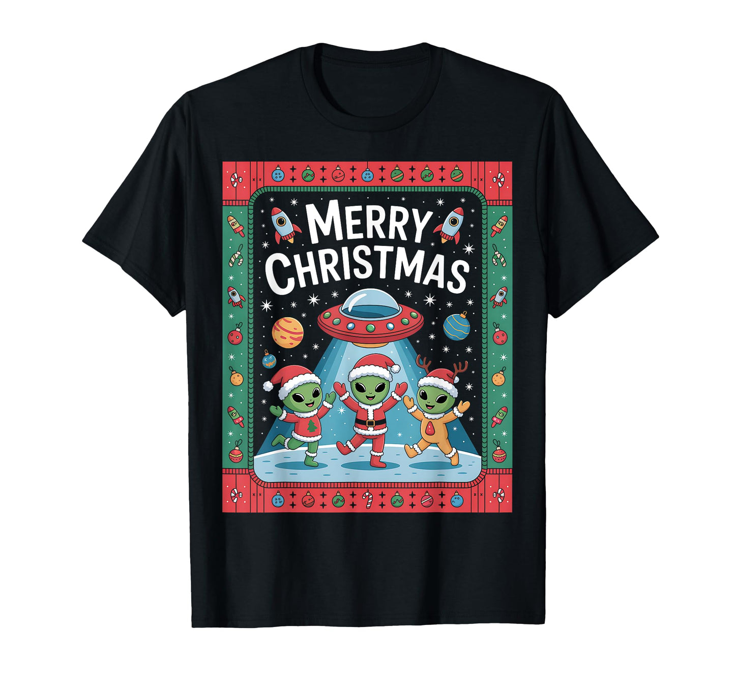 Funny Alien Trio Merry Ugly Christmas Santa Hat Gifts Xmas T-Shirt