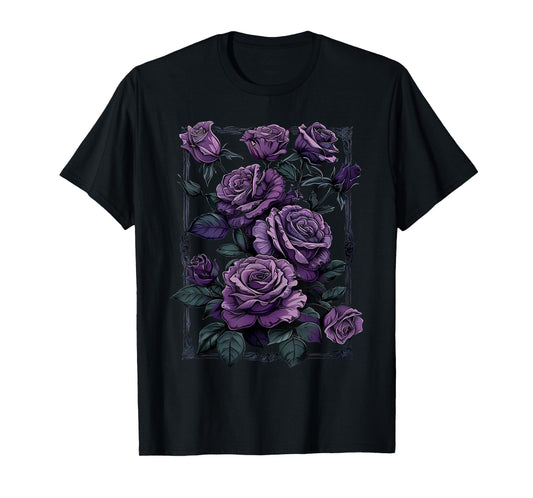 Vintage Purple Roses Flower Gothic Gardening Aesthetic Women T-Shirt