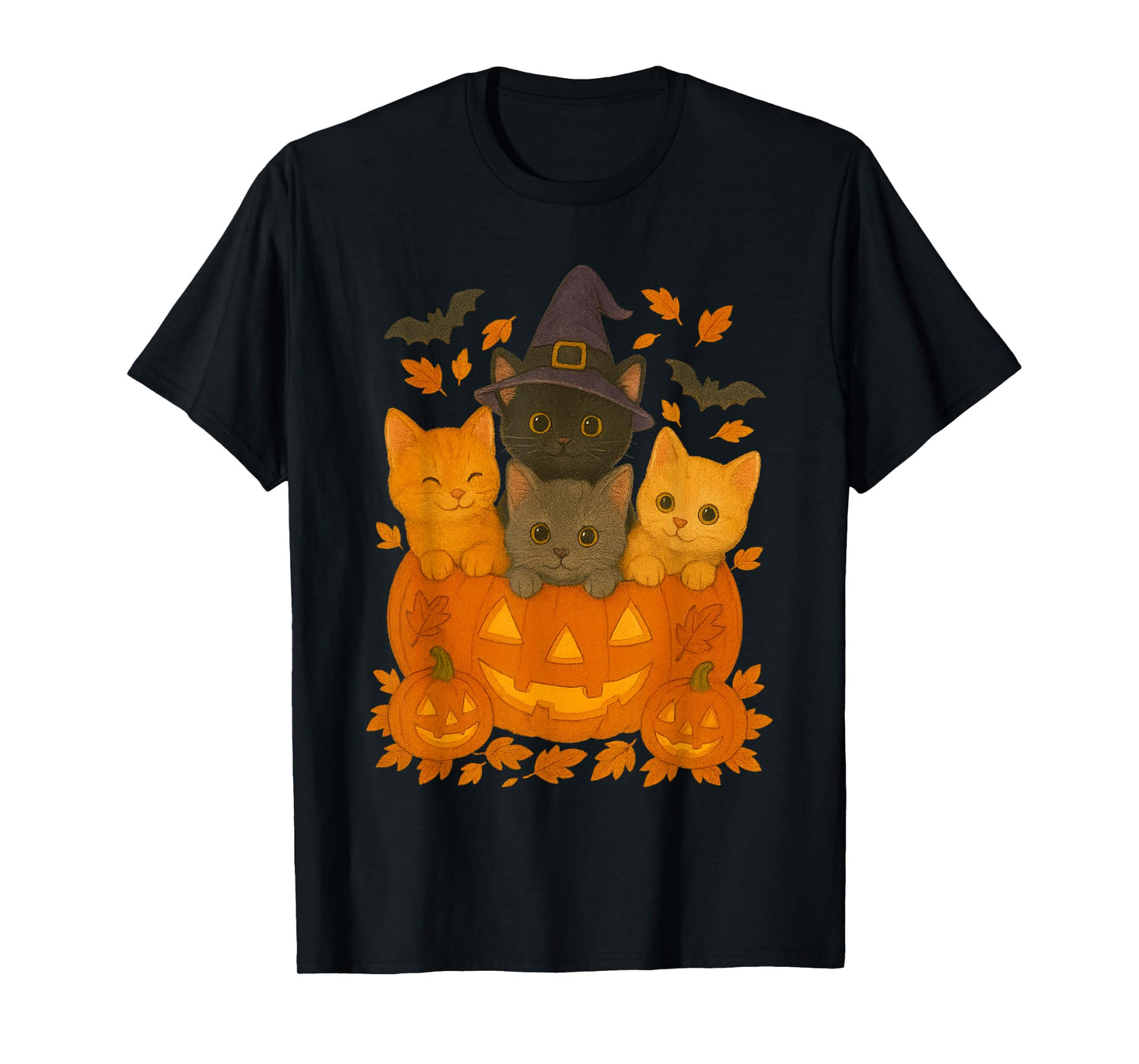 Halloween Cat Pumpkin Autumn Witch Hat Fall Charm Vibe Funny T-Shirt