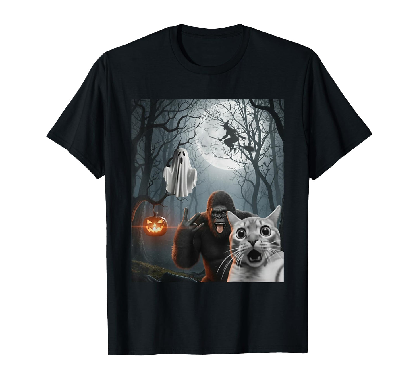 Funny Halloween Cat Selfie Ghost Bigfoot Costume Men Women T-Shirt