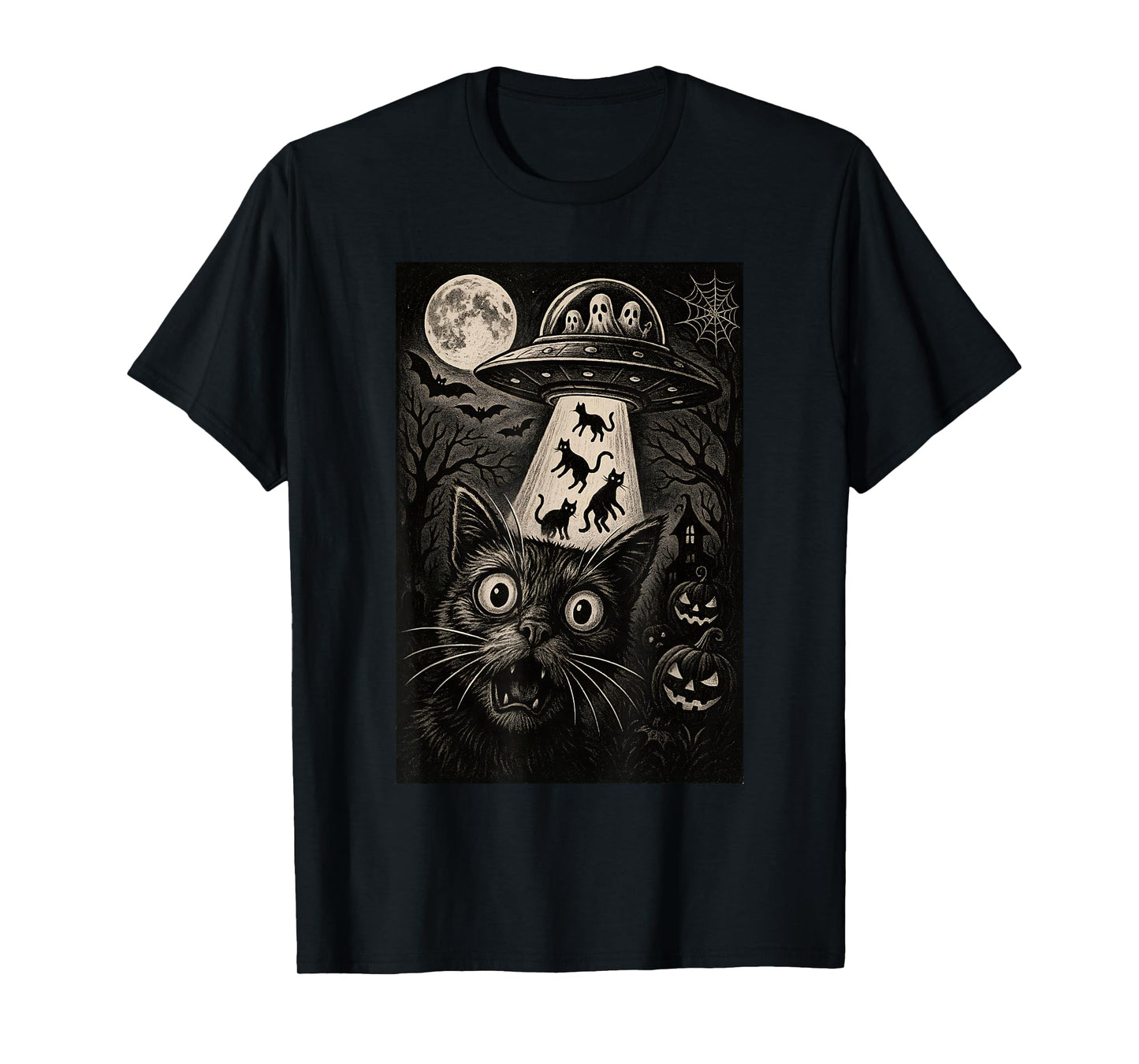Halloween Cat Selfie Spooky Night Alien Abduction Cats UFO T-Shirt