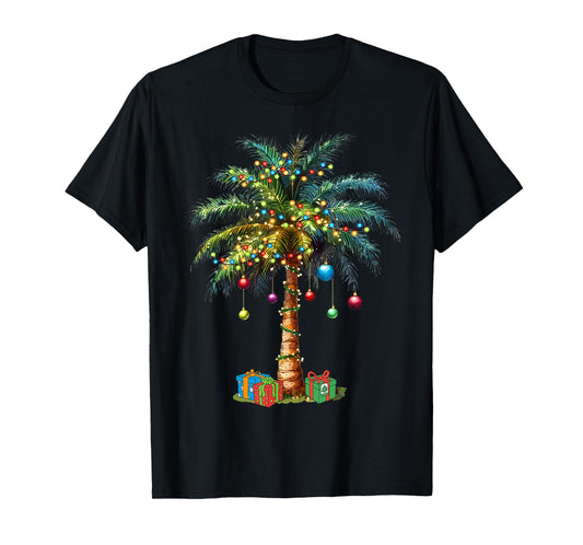 Tropical Christmas Hawaiian Santa Xmas Lights Palm Tree T-Shirt