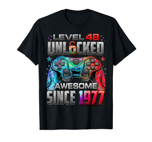 Level 48 Unlocked Awesome Since 1977 48th Birthday Gaming T-Shirt