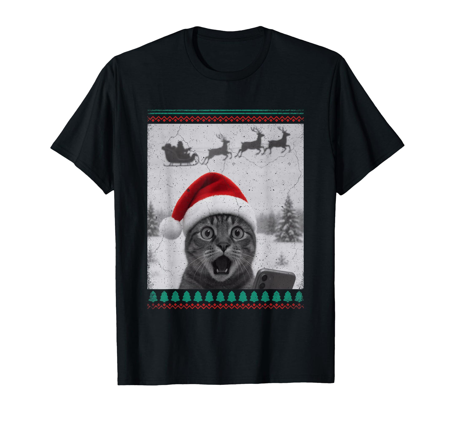 Ugly Christmas Funny Cat Selfie with Santa Sleigh T-Shirt
