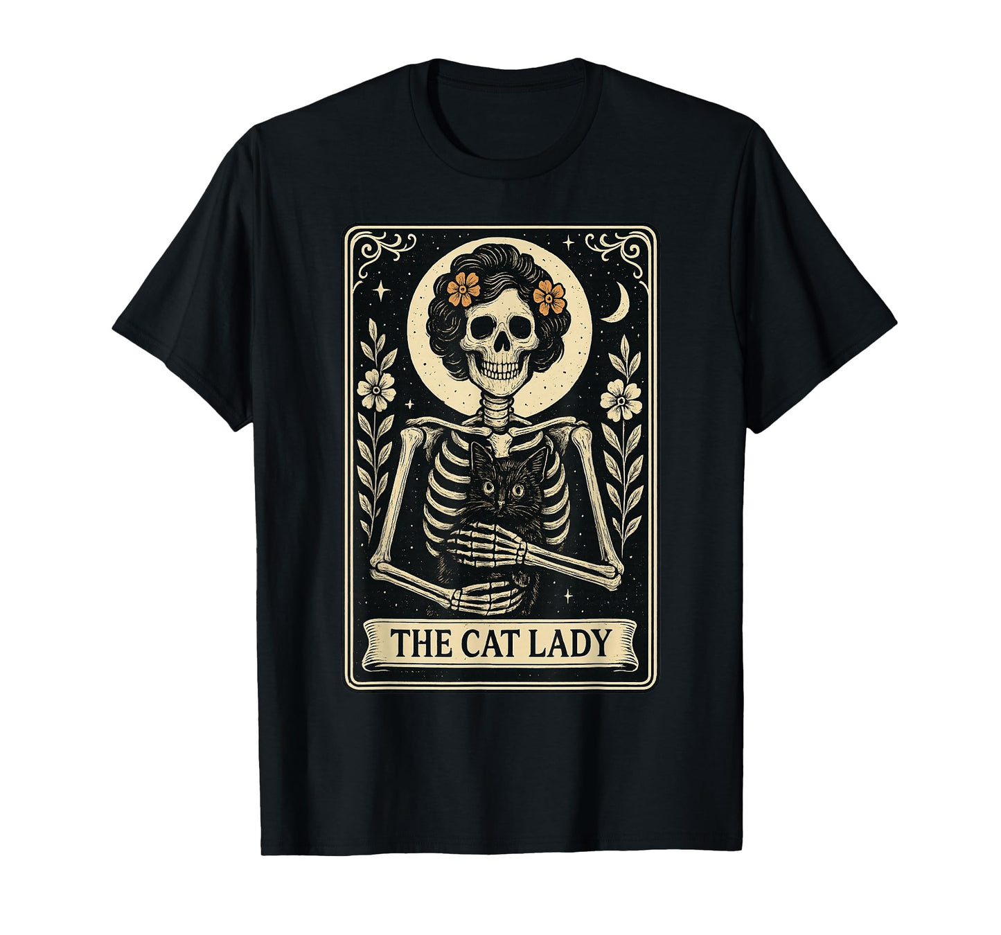 Mystic Skeleton The Cat Lady with Coffee Tarot Card Vibes T-Shirt