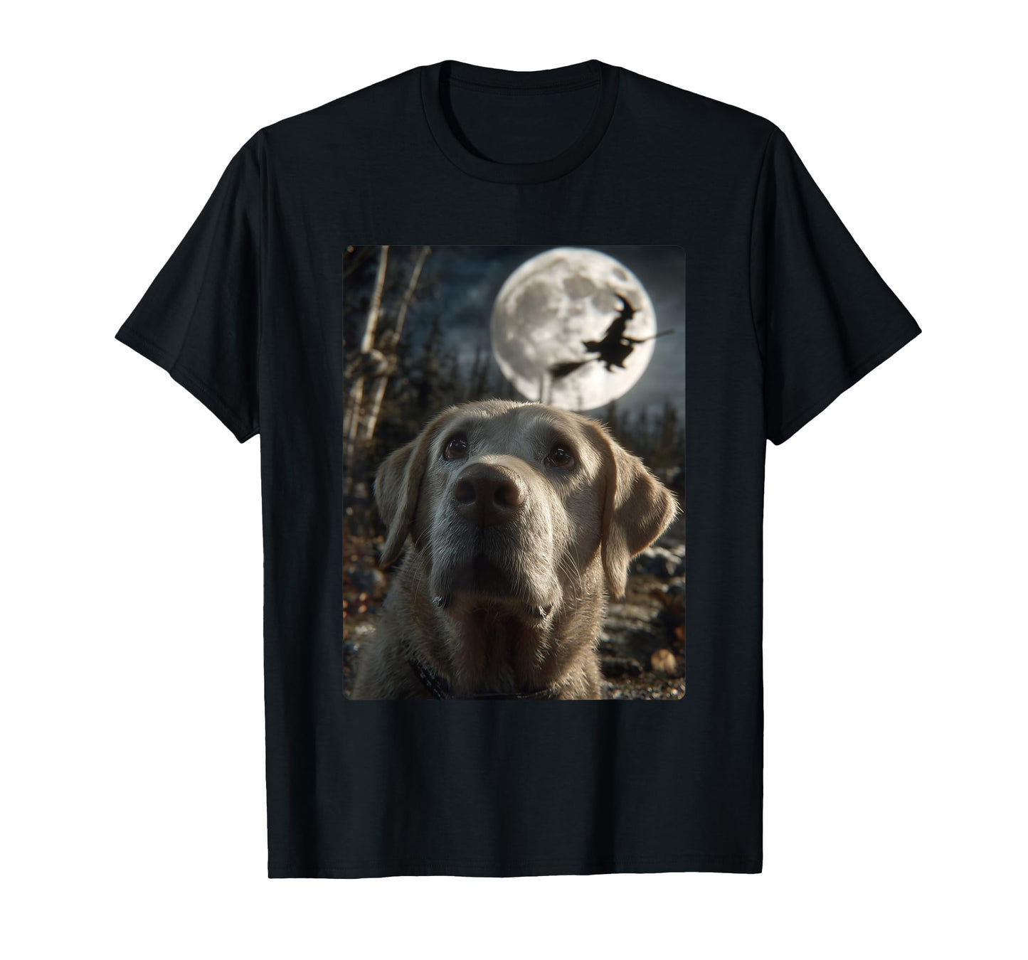 Funny Labrador Selfie Full Moon Flying Witch Halloween Dog T-Shirt