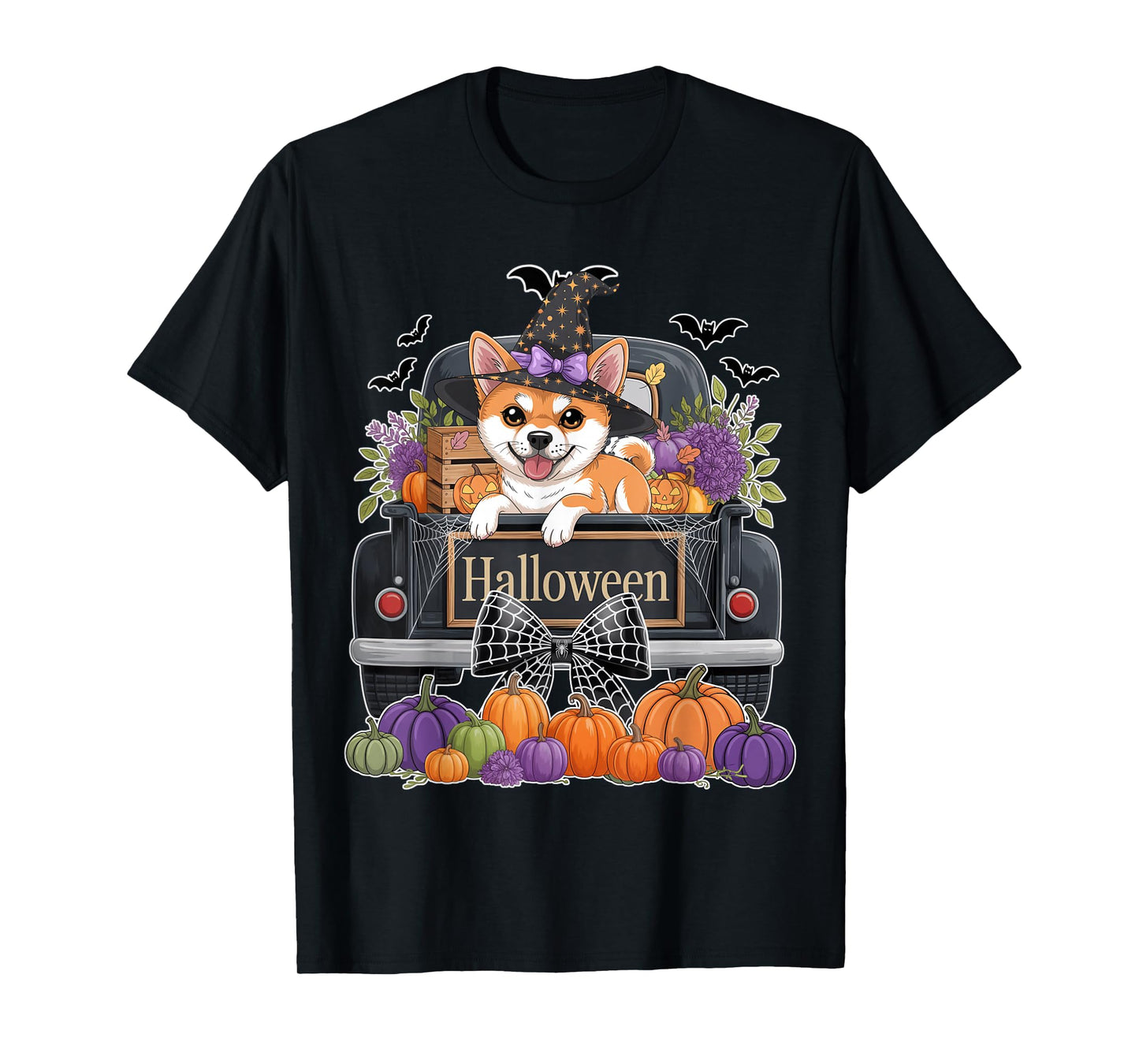 Funny Shiba Inu Witch Hat Truck Pumpkin Dog Lovers Halloween T-Shirt