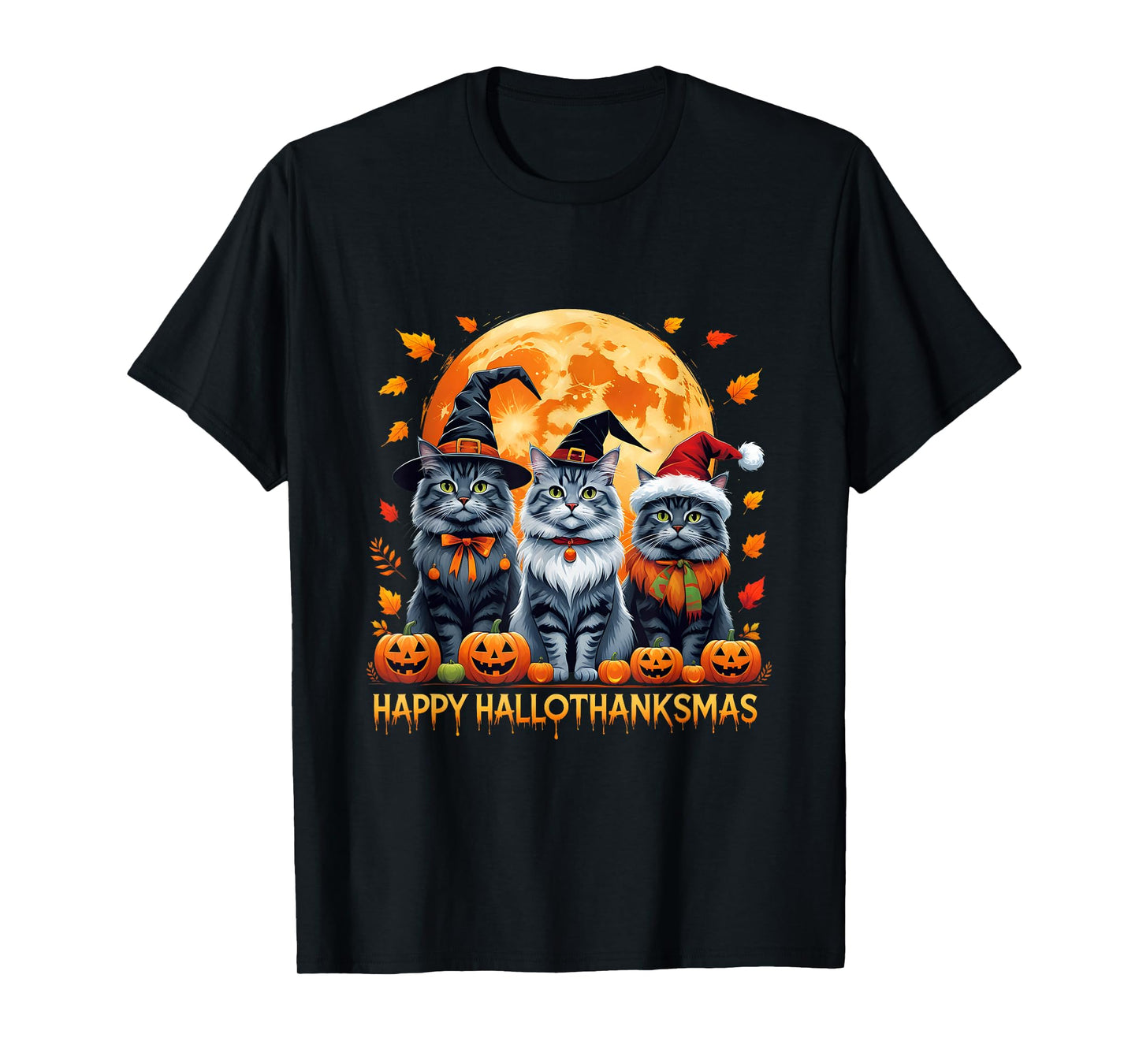 Happy Hallothanksmas Halloween Thanksgiving Christmas Cats T-Shirt
