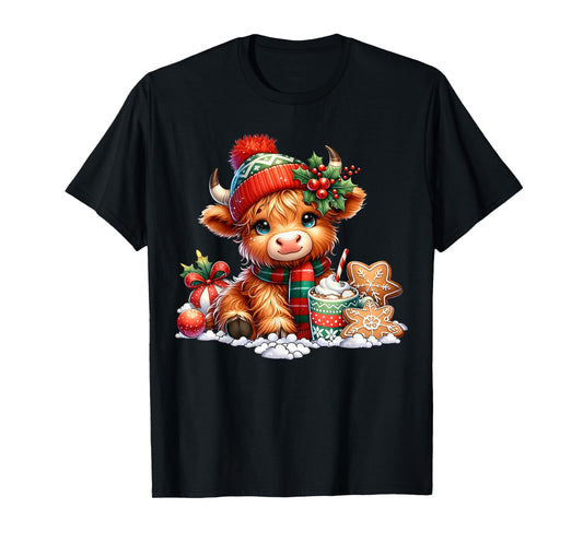 Christmas Highland Cow Cute Heifer Cow Santa Hat Mooey Xmas T-Shirt