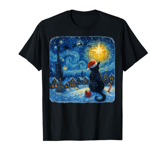 Funny Black Cat Merry Christmas Xmas Van Gogh Pajama Holiday T-Shirt