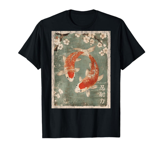 Koi fish and Cherry Blossom tree Japanese Woodblock art BACK T-Shirt
