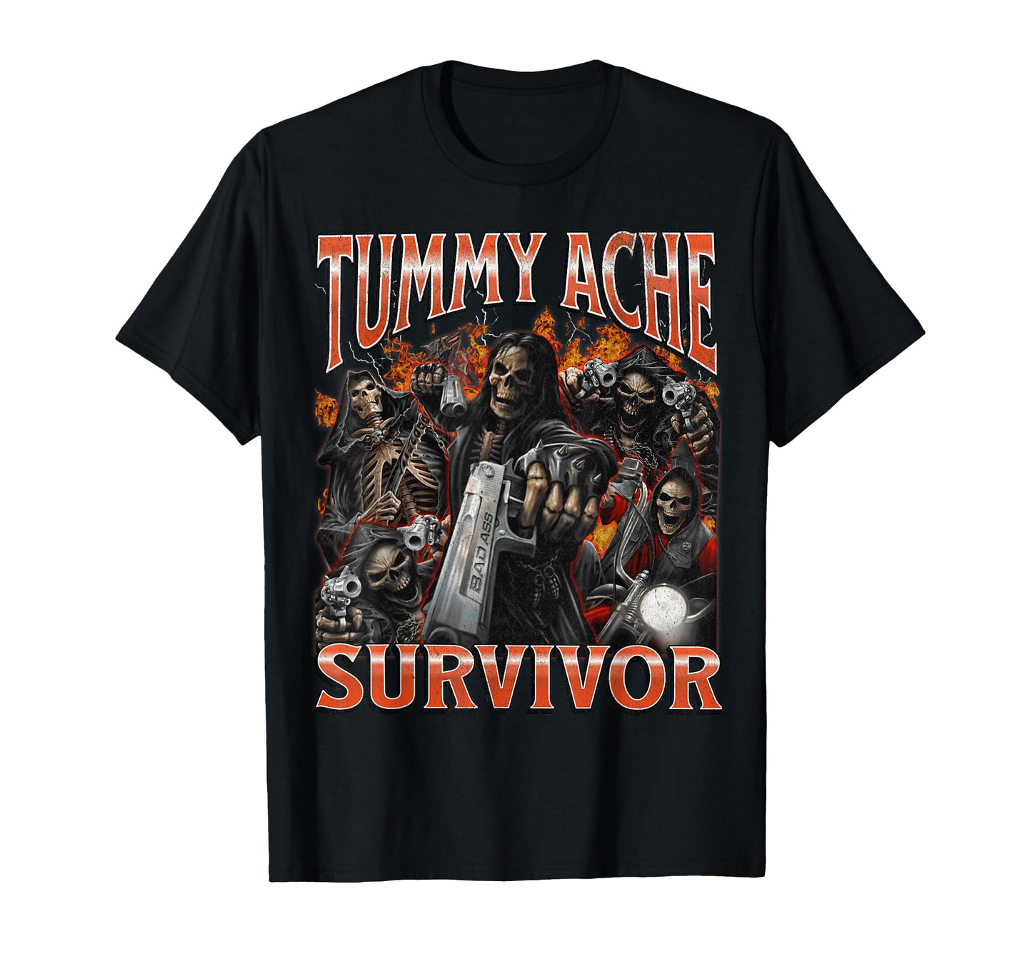 Tummy Ache Survivor Funny Hard Skeleton Meme Bootleg Graphic T-Shirt