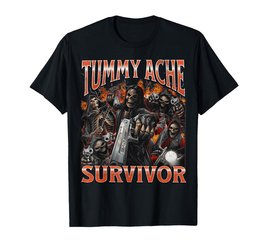 Tummy Ache Survivor Funny Hard Skeleton Meme Bootleg Graphic T-Shirt