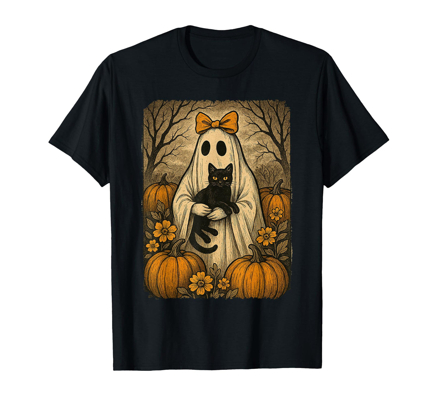 Vintage Halloween Ghost Holding Black Kitten Cat Floral T-Shirt