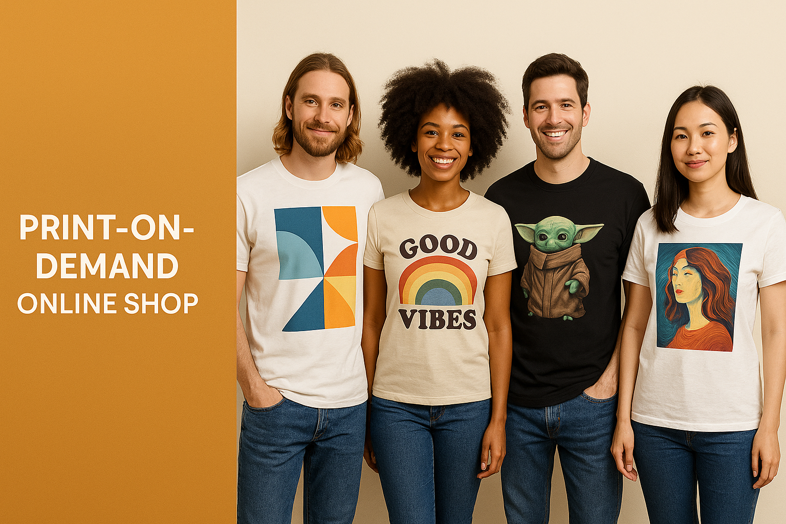 banner for print on demand online shop, khoảng 5 người mặc áo thun in hình với các chủ đề khác nhau ở nửa bên phải của banner, nửa bên trái màu trơn 